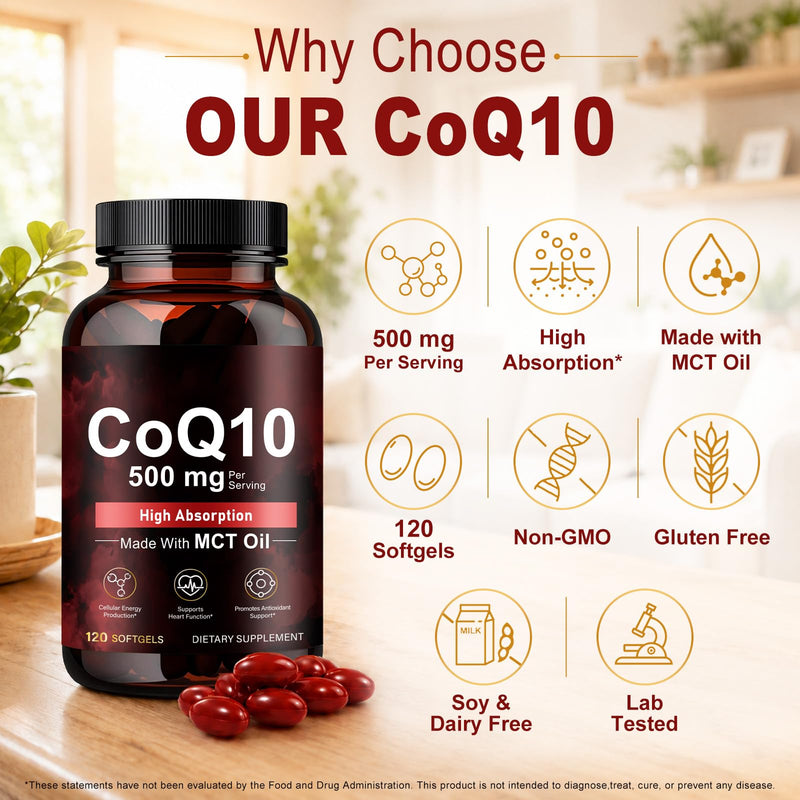 CoQ10 Softgel Capsules 120 Count, High Strength Coenzyme Q10 with MCT Coconut Oil, Supports Natural Energy Production & Heart Function | Non-GMO, Gluten & Dairy Free