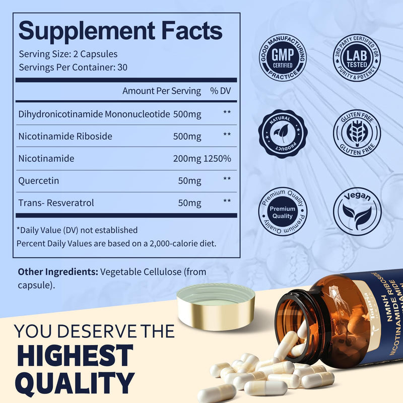 Totaria NMNH 500mg (Dihydronicotinamide Mononucleotide), Premium NMN Alternative Supplement w/Niacinamide (Vitamin B3), Quercetin, Trans-Resveratrol, 60 Ct 60 Count (Pack of 1)