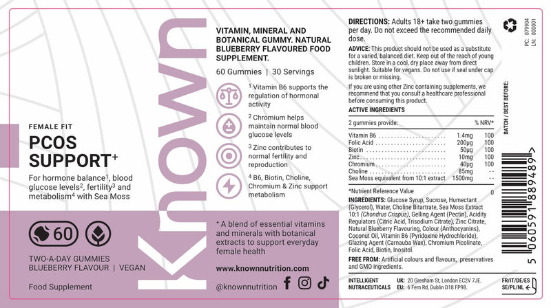 Known PCOS Support Gummies – Blueberry – 1 Month Supply – 3rd Party Tested – Vegan – Easy Powder Alternative – Hormonal Balance & Metabolic Support – Vitamin B6, Zinc & Chromium 1 count (Pack of 60)