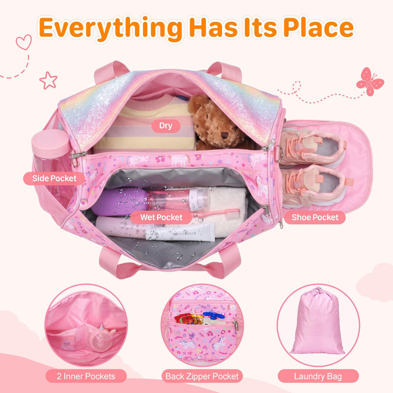 Kids Travel Duffle Bag - Weekender Bag for Girls 3-8 Year Olds | Dance Ballet Gym Overnight Bag with Adjustable Padded Strap, Dry&Wet and Shoe Area, Includes a Laundry Bag, Pink Unicorn 01 Pink Unicorn Medium-25L(Ages 3-8)