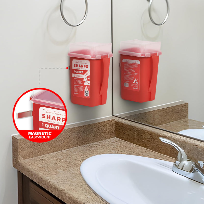 [Australia] - Disposable Sharps Container with Magnet for Easy Mounting, Leak-Proof, Portable, Wall-Mountable, Self Fasteners, 1 Quart for Needles and Syringes, Safe Medical Supplies, Travel Size Biohazard 1PK (1 Quarts) 