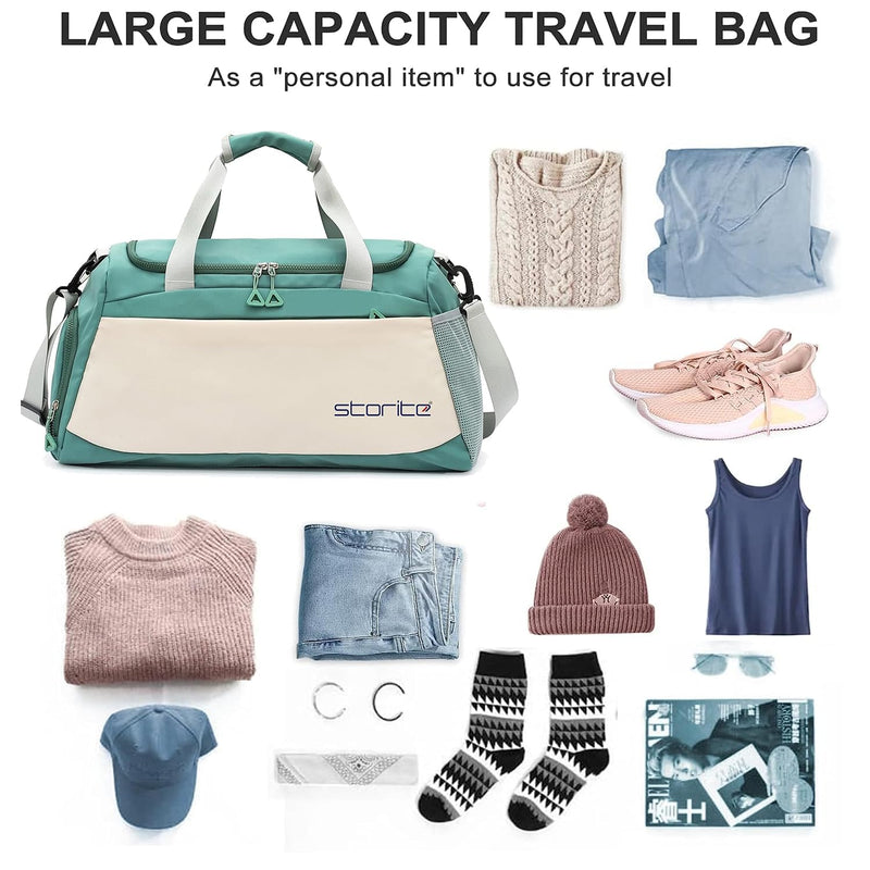 Storite Travel Duffle Bag with Shoe Compartment, Green/White, 51x22x28 cm | Water Resistant Nylon, Lightweight, Multi-Pocket, Wet Pocket, Adjustable Shoulder Strap, Travel, Gym, Weekend Trips