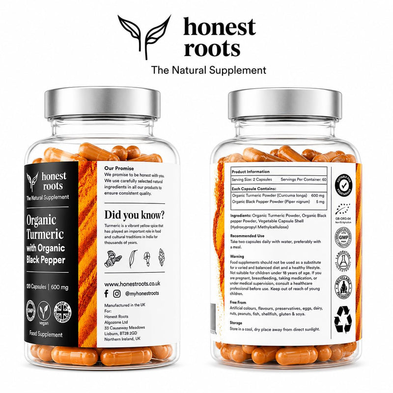 Honest Roots Organic Turmeric Curcumin Capsules with Black Pepper – 600mg per Serving – 120 Vegan Capsules (2 Month Supply) – High Strength Curcuma Longa Supplement – Made in UK