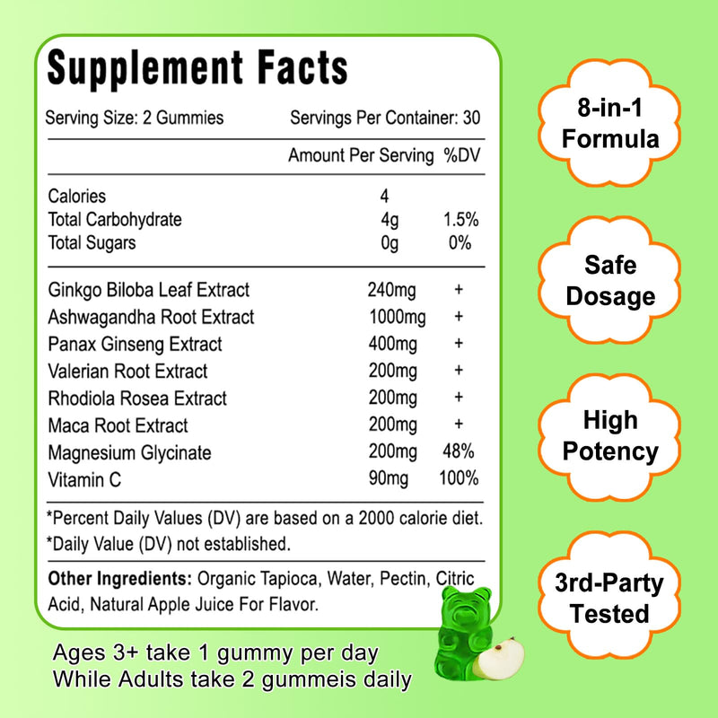[Australia] - Ginkgo Biloba Gummies with Ginseng Maca Root & Magnesium Organic Ginko Biloba Supplements Gummies for Brain Focus Energy Mood Memory - Adults & Kids… 60 Count (Pack of 1) 