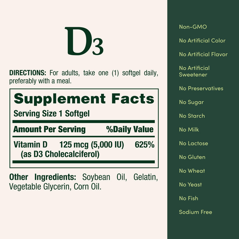 Nature's Bounty Vitamin D3 5000 IU Softgels, 240 Count 240 Count (Pack of 1)