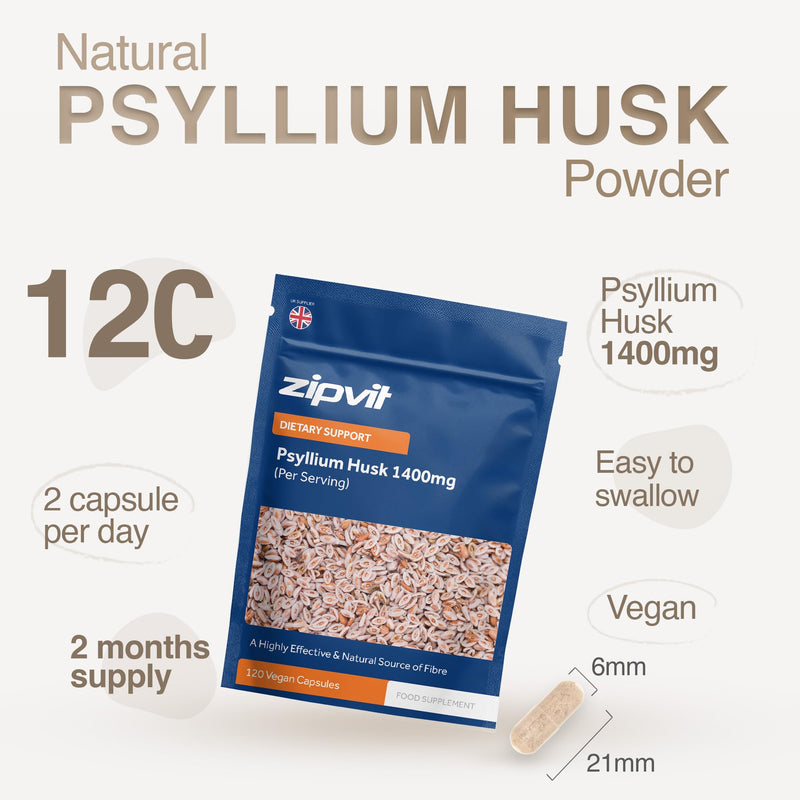 Zipvit Psyllium Husk Fibre Supplement, 1400mg Psyllium Husk Powder, Up to 4200mg Per Serving, 120 Vegan Capsules, Eco-Friendly Pouch 1 count (Pack of 120 Pouch)