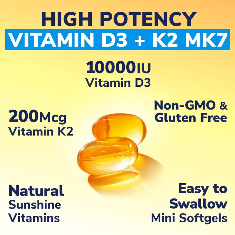 Vitalibre Vitamin D3 K2 Supplement, Vitamin D3 10000 IU & 200 mcg K2 MK7 | Enhanced Calcium Absorption, Bone, Heart, Immune & Mood Support, No Soy, Easy to Swallow, 90 Softgels 90 Count (Pack of 1)
