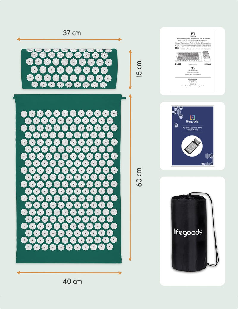 [Australia] - LifeGoods Acupressure Mat with Pillow - Accupressure Mat - Accupressure Mat+ - Acupressure Mat - Acupuncture Mat - Massage Mat - Back - Spiked Mat - Fakir Mat - Nail Mat - Acupressure Mat Green & White 