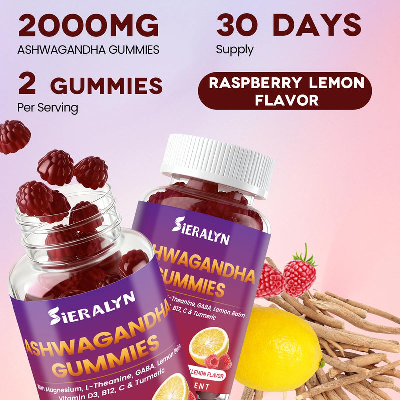 Ashwagandha Gummies Supplements 2000mg for Women Men, Vegan, Sugar-Free | Organic Ashwagandha Root Extract with D3, L-Theanine for Calm & Relax, Non-GMO, Gluten Free, 120 Count, 60-Day Supply 60 Count (Pack of 2)