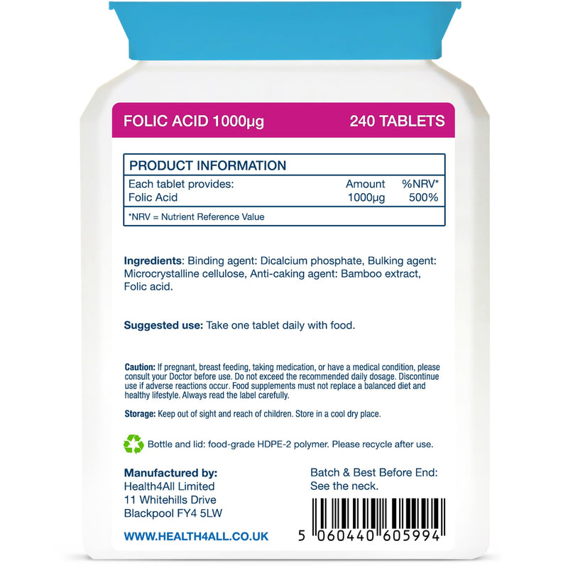 Folic Acid 1000mcg 240 Tablets 8 Month Supply High Strength Vitamin B9 Supports Energy, Blood Formation, Immune System & Pregnancy, Vegan UK Made - Health4All 240 count (Pack of 1)