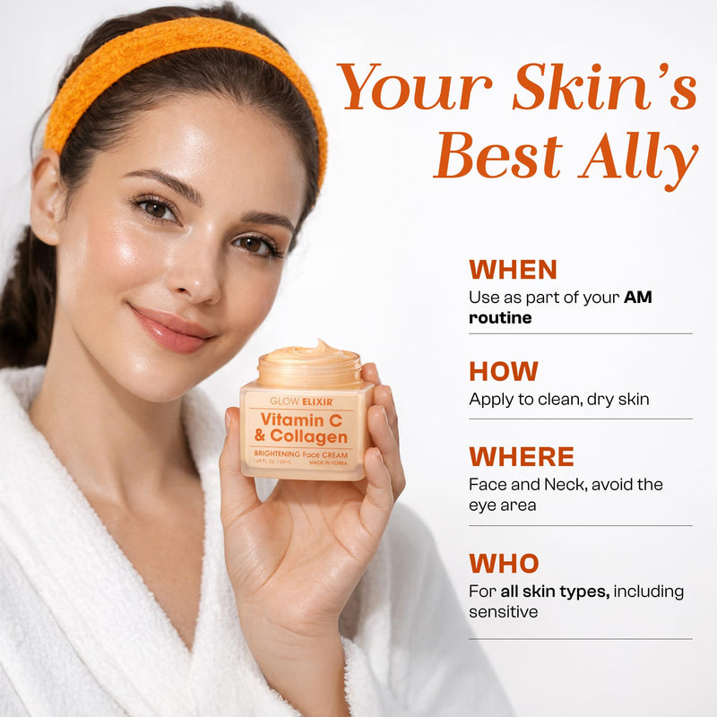 Glow Elixir Vitamin C & Collagen Face Moisturizer – Dermatologist Tested, Anti Aging Korean Skin Care – Hydrates, Firms, Smooths Lines For A Radiant Complexion – Vegan Clean Beauty – 1.69 Oz