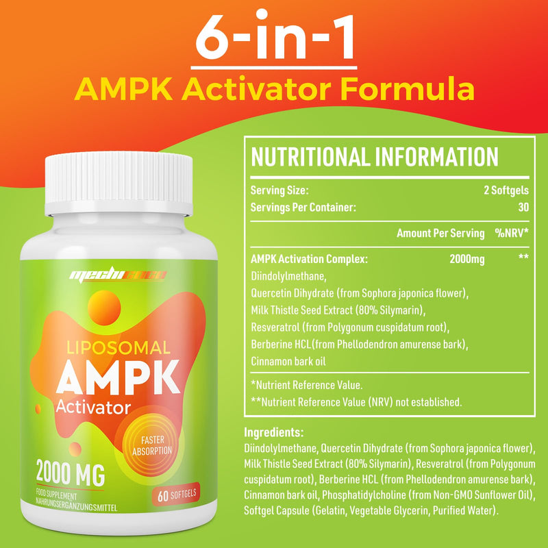 Liposomal AMPK Activator Capsules 2000 mg(2 Package),6-in-1 Formula with Quercetin Dihydrate, Resveratrol and Cinnamon Bark, for Antioxidant Support and Cellular Regulation, NO Soy,NO Gluten 60 count (Pack of 2)