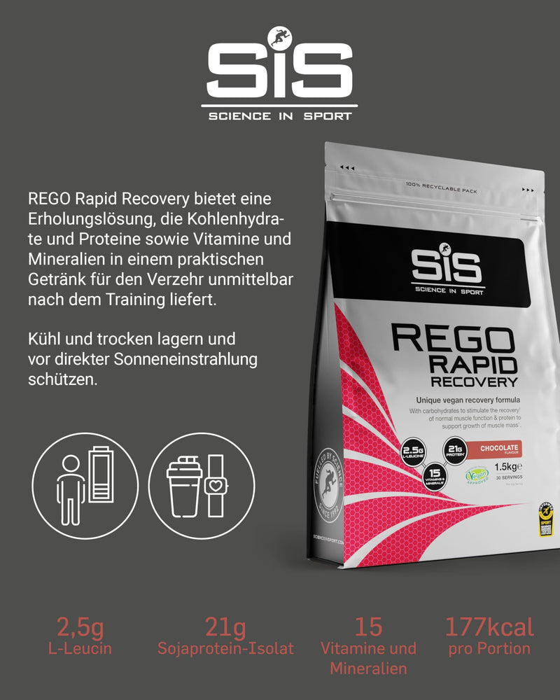 [Australia] - Science in Sport Rego Rapid Recovery Powder 1.5kg Chocolate Vegan - Regenerating Drink Powder with Carbohydrates, Proteins, Electrolytes, Vitamins and Minerals, Supports Effective Training 30 Servings (Pack of 1) 