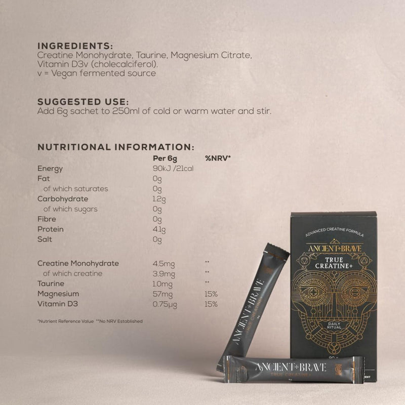 Ancient + Brave True Creatine+ Sachets 15 x 6g - Premium Creatine Monohydrate Powder - 100% Micronised - High Performance, Strength Building - Muscle Recovery, Cognition & Wellness 90g Sachets