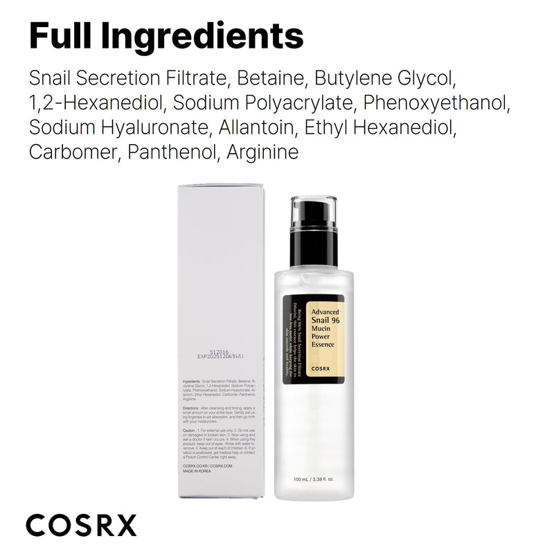 COSRX Snail Mucin 96% Power Repairing Essence 3.38 fl.oz 100ml, Hydrating Serum for Face with Snail Secretion Filtrate for Dull Skin & Fine Lines, Korean Skincare 3.38 Fl Oz (Pack of 1)