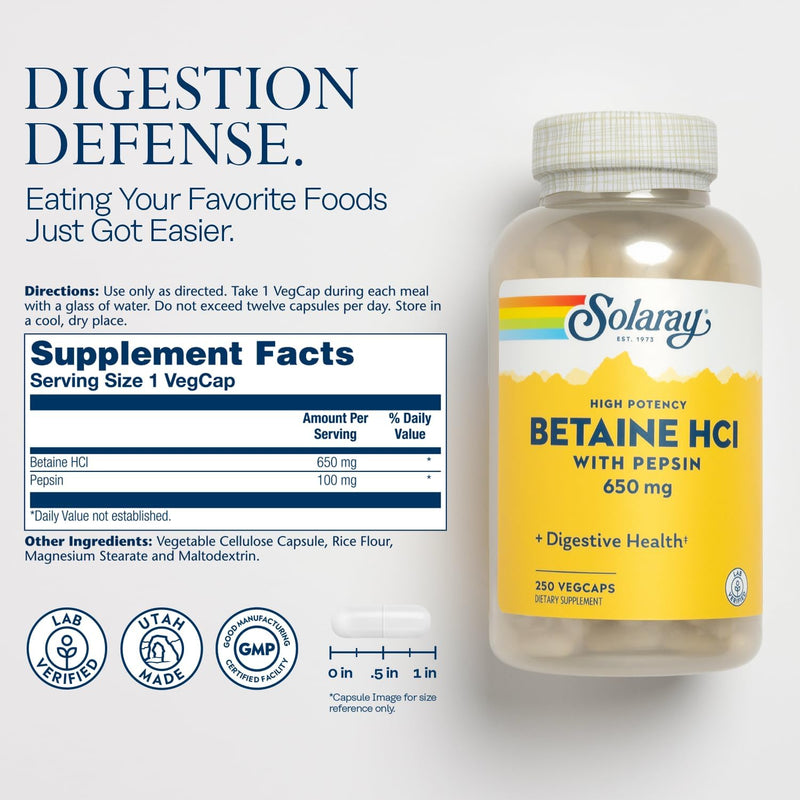 [Australia] - Solaray HCl w/Pepsin High Potency 650mg Caps 250 