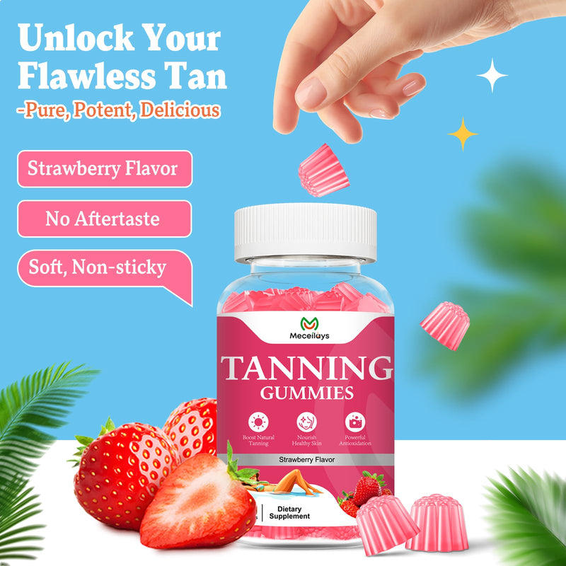 [Australia] - 2 Pack Tanning Gummies for Women, Daily Tanning Supplement Melanin Tan Gummy Chew with Astaxanthin Vitamin Beta Carotene Work Fast Without Sun for Men, Vegan Sugar Free,Strawberry Flavor,120 Count 60 Count (Pack of 2) 