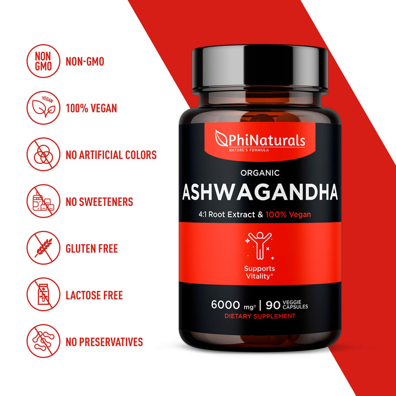 [Australia] - Ashwagandha Root Extract Capsules (Organic) Equivalent to 6000 mg Whole Root - Supplement with 1500 mg Per Serving - 500 mg Per Vegan Capsule - 90 Count 