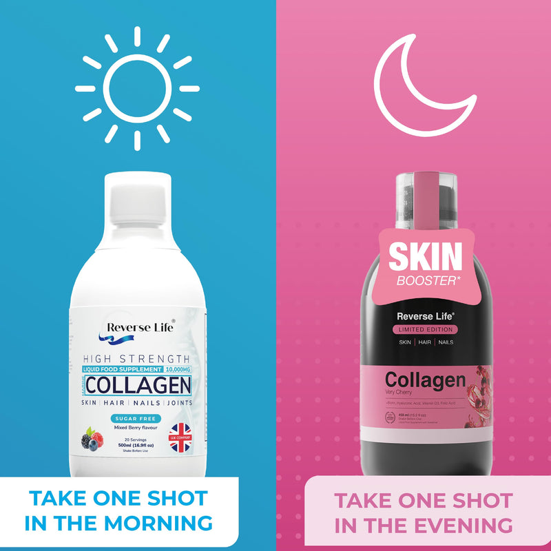 Reverse Life - Limited Edition Very Cherry Skin Booster - 5,000mg Hydrolysed Collagen with Biotin, Vitamin C, B12 & Folic Acid - 30-Day Dose - Collagen Supplements - 450ml 30 Day Supply