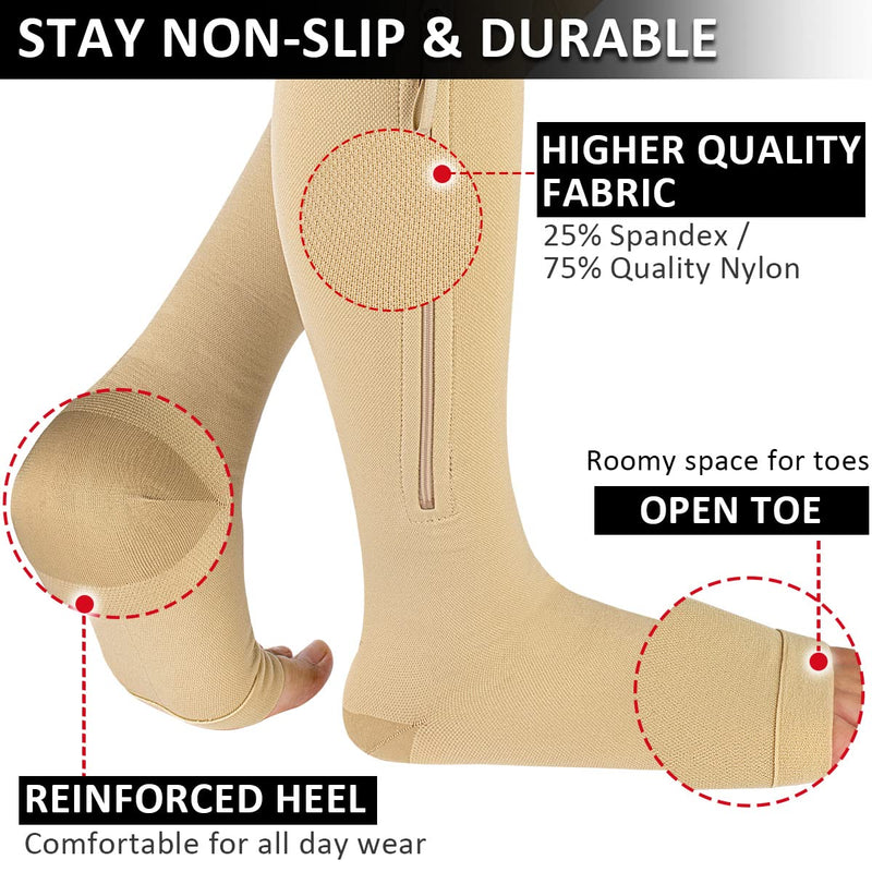[Australia] - Ailaka Medical Compression Socks with Zipper, Knee High 15-20 mmHg Compression Socks for Women Men, Open Toe Support Socks for Varicose Veins, Edema, Recovery, Pregnant, Nurse X-Large (1 Pair) Beige 
