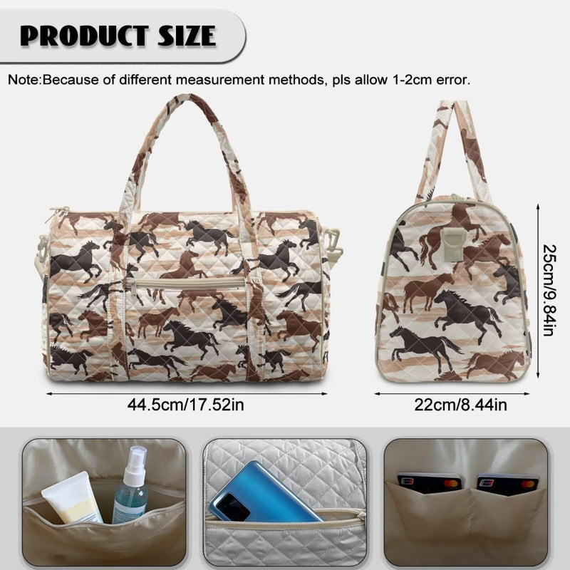 Horse Design Large Men Women Travel Duffle Bag, Quilted Carry on Bags with Adjustable Straps for Overnight Weekend Yoga Gym Business Trips and Sport Horse Design