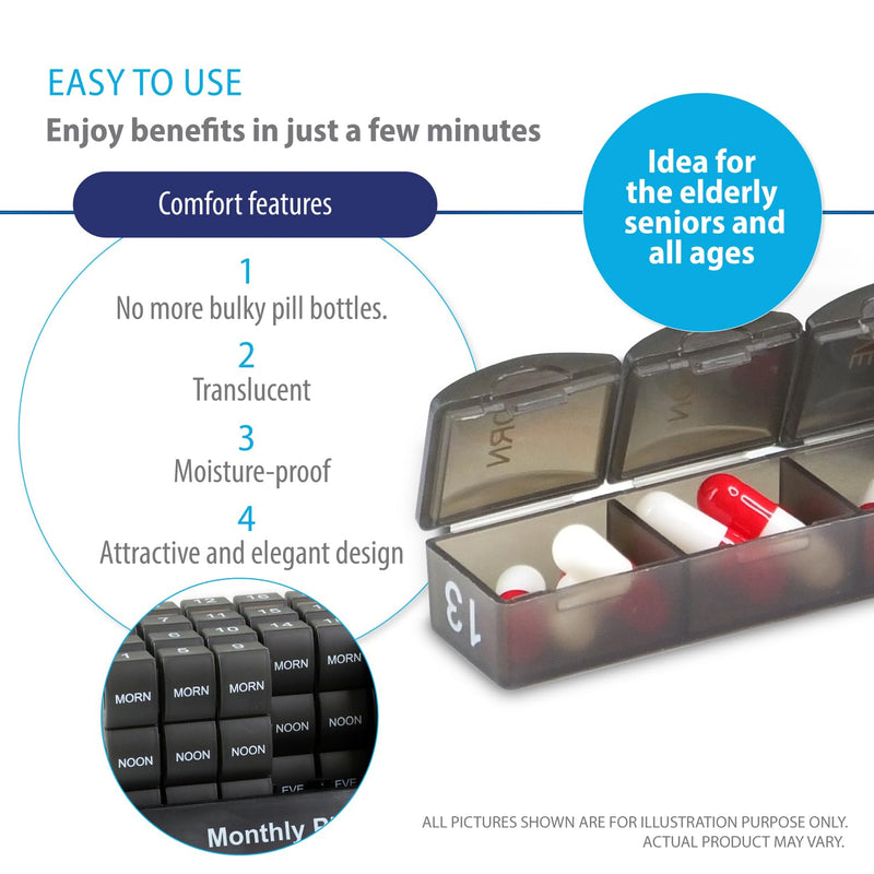 Deke Home - Monthly Pill Organizer 3 Times a Day, 30 Day Pill Box with AM PM Compartments, Large Monthly Medicine Organizer for Vitamins, Supplements & Medication, Travel-Friendly Pill Case, BPA Free
