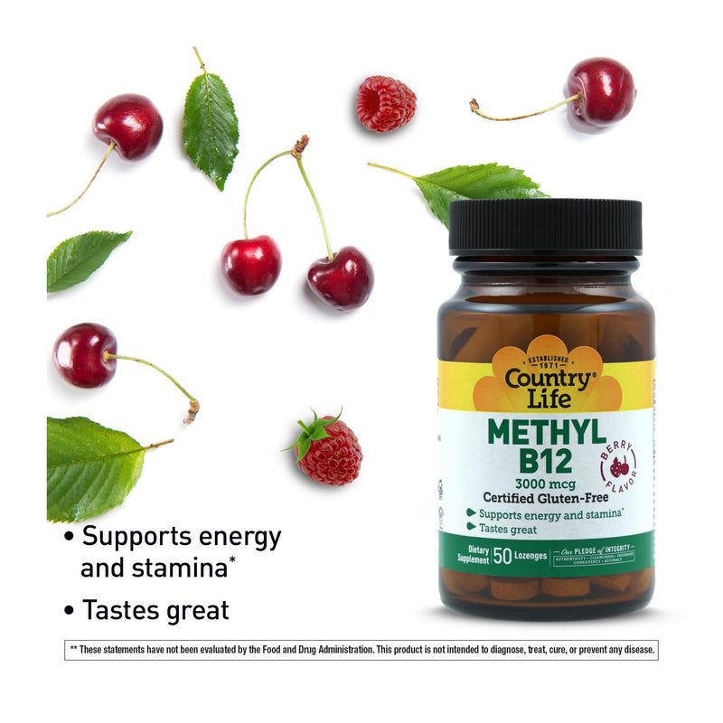 Country Life Methyl B-12 3000 mcg Lozenges, Vegan, Methylcobalamin for Energy and, Easily Absorbed, B12 Vitamin, Supports Energy Levels, Stamina & Metabolism, 50 Count