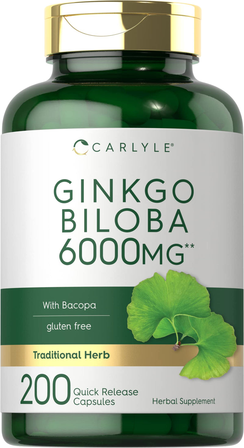 Carlyle Ginkgo Biloba Pills | 6000mg | 200 Capsules | Maximum Strength | Non-GMO, Gluten Free Supplement