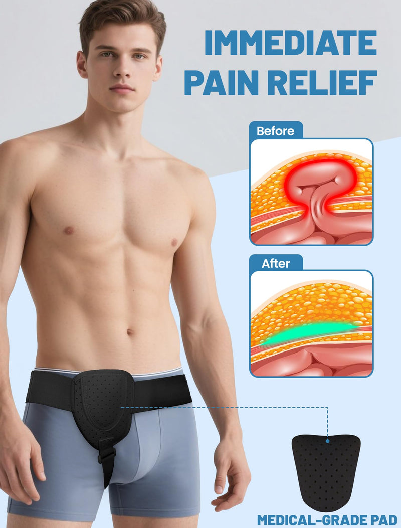 [Australia] - Hernia Belts for Men Inguinal, Hernia Belt for Women, Inguinal Hernia Support for Left or Right Side, Comfortable Adjustable Waist Strap with Removable Compression Pads, Black 