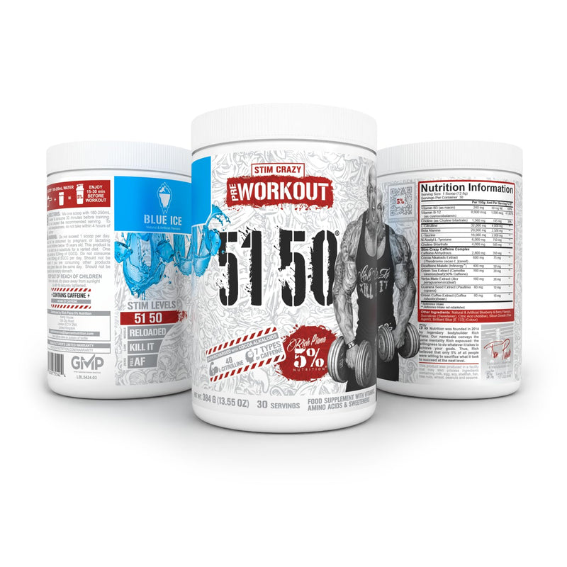 [Australia] - 5% Nutrition Rich Piana 5150 High Stim Pre-Workout Powder | Extreme Energy, Focus, Pumps & Endurance | 400 mg Caffeine, Citrulline, Beta Alanine, N-Acetyl L-Tyrosine | 30 Srvgs (Blue Ice) Blue Ice 13.55 Ounce (Pack of 1) 