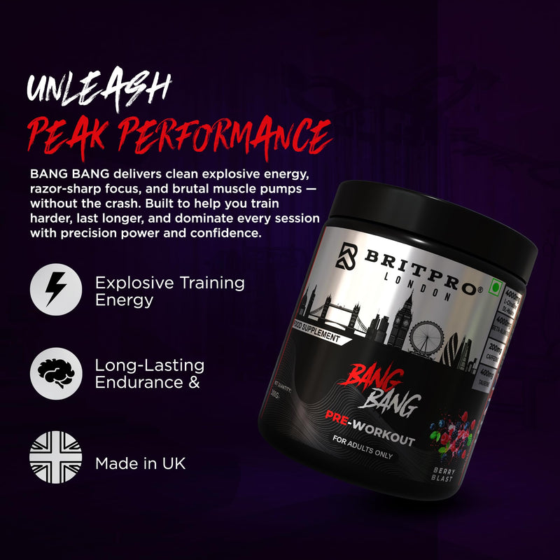 Bang Bang Pre-Workout, 300g - Berry Blast Flavour - High-Intensity Pre Workout, Focus & Endurance, Muscle Pump - Clean Energy, No Crash - Made in the UK