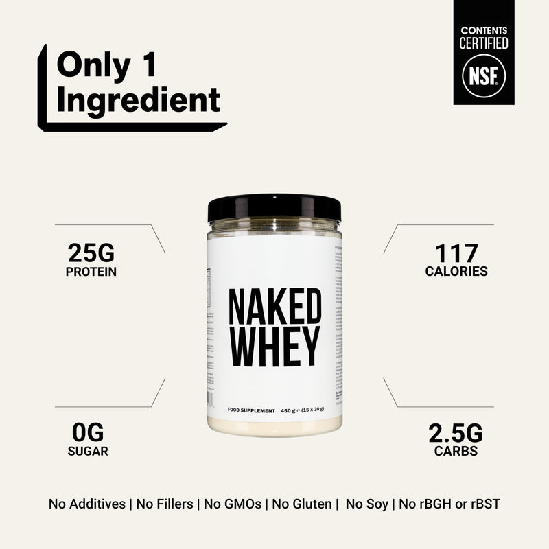 Naked Whey Protein Powder, Only 1 Ingredient, Grass Fed, Gluten Free, Soy Free, GMO Free, 25g Protein and 6g BCAAs per Scoop, Unflavoured, 12 Servings, 450g 450g (Pack of 1)