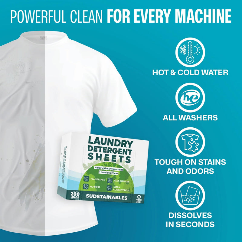 [Australia] - Eco Friendly Laundry Detergent Sheets (100 sheets 200 loads) - Plant based Free and Clear Strips for HE machine, travel, home clothes washing (Fresh Linen) 100 pack - Fresh Linen Scent 
