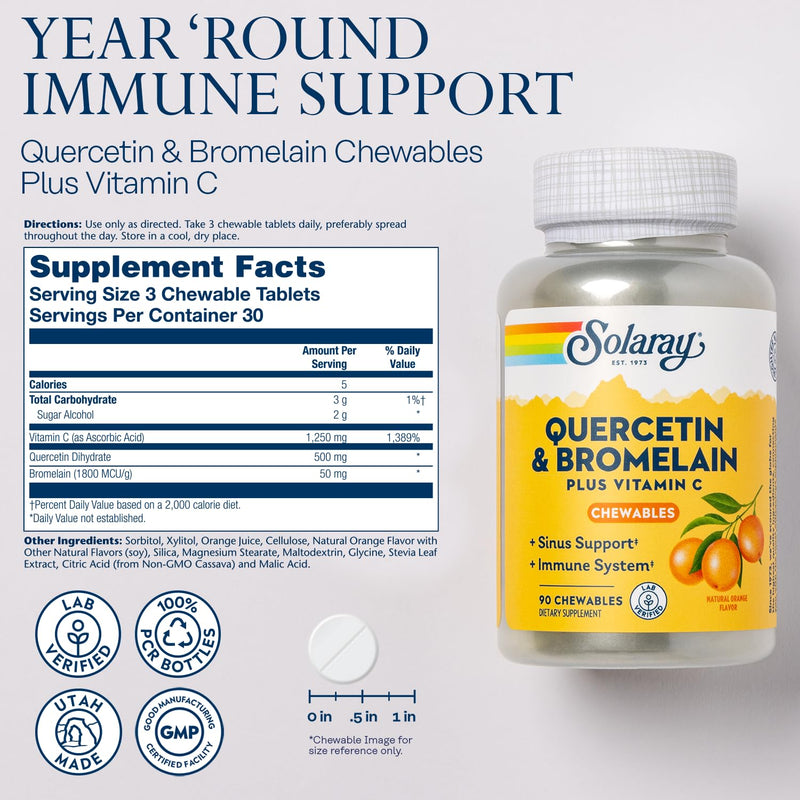 SOLARAY Quercetin Bromelain & Vitamin C, Orange, 90 Chewables | Immune, Heart & Antioxidant Support, 500 mg Quercetin, 50 mg Bromelain & 1,250 mg Vitamin C, 30 Servings, Lab Verified