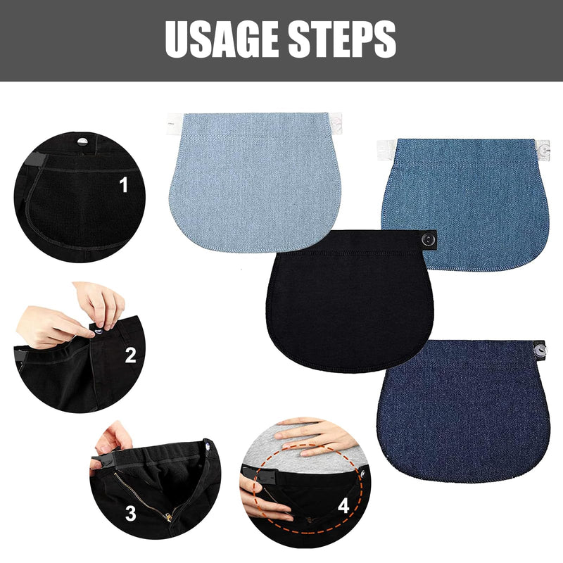 [Australia] - Pack of 4 Trousers Extensions Pregnancy Trousers Waistband Extension Trousers Extension for Pregnant Women Trousers Button Extension with 2 Elastic Waist Extensions (Black, Blue, Light Blue, Dark Blue) 