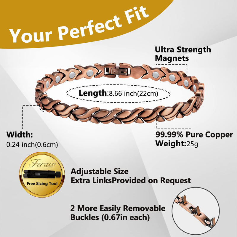 Feraco Copper Bracelets for Women, 99.99% Pure Copper Magnetic Bracelets with Effective Neodymium Magnets, Adjustable Jewelry Gift with Sizing Tool Fishtail