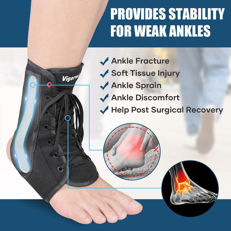 Ankle Brace for Sprained Ankle, Lace up Ankle Brace with 1Pair Metal and Plastic Support Bars, Ankle Stabilizer Brace for Men Women, Achilles Tendon Support Brace for Left Right, L Large