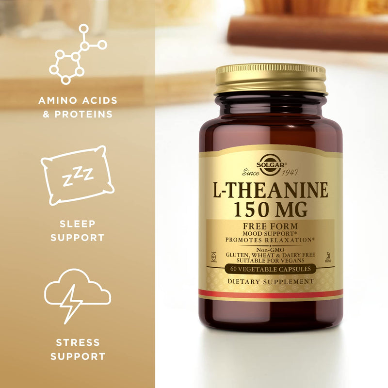 Solgar L-Theanine 150 mg - 60 Vegetable Capsules - Promotes Relaxation - Non-GMO, Vegan, Kosher & Gluten Free - 60 Servings | Amino acid present in green tea · Natural phytochemical · Promotes mental calm · Gluten free