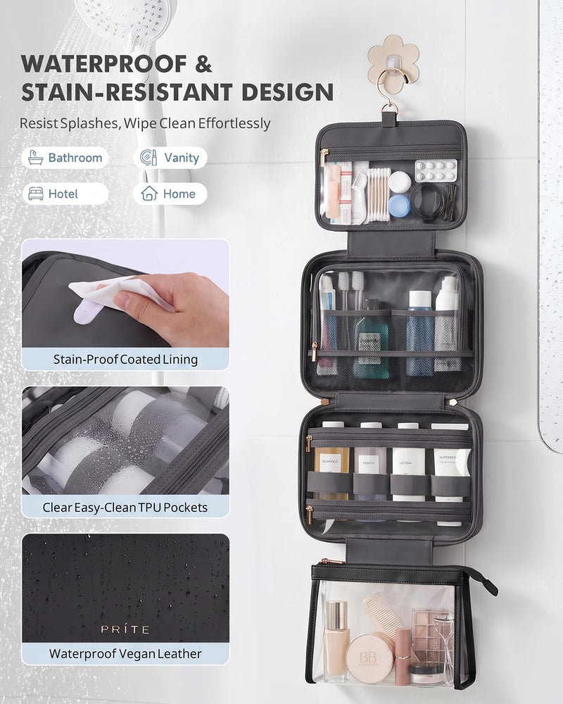 Prite Hanging Toiletry Bag for Women Waterproof Travel Makeup Bag | Jewelry Organizer, Detachable Clear Pouch, Vegan Leather, Dual-Zipper, Durable Hook and Zipper, Multi-pocket, Easy Clean Black Large