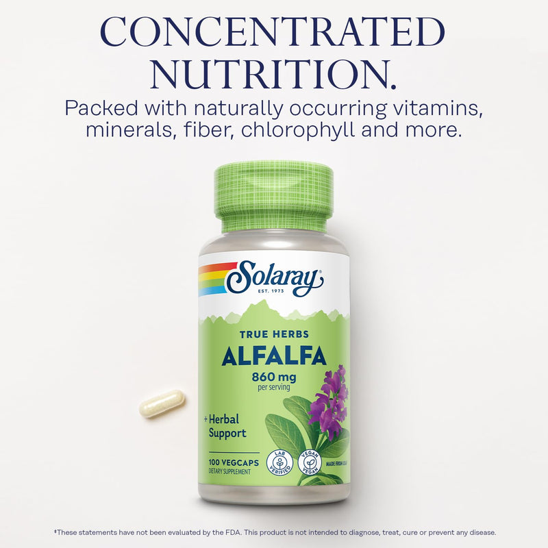 [Australia] - SOLARAY Alfalfa Leaf 860 mg - Alfalfa Capsules for Nutritive Support, Herbal Superfood w/Naturally Occurring Vitamin K, C and E, Minerals, Fiber and Chlorophyll, Vegan, 60-Day Guarantee, 50 Servings 100 Count (Pack of 1) 