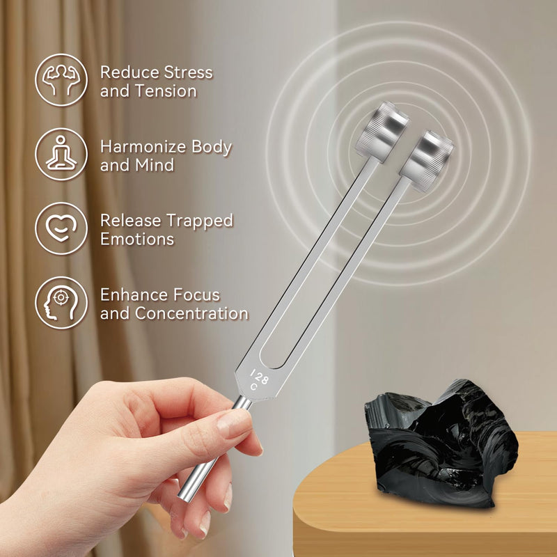 [Australia] - Tuning Forks for Healing Set with Crystals - 128Hz, 256Hz, 512Hz for Sound Healing, Meditation Accessories & Yoga, Include Obsidian, Amethyst, Clear Quartz, Gift Box Silvery 