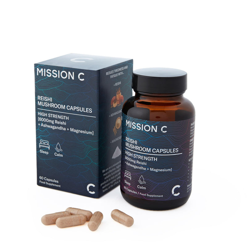 Reishi Mushroom Capsules 6000mg with Added Magnesium and Ashwagandha | Nootropic Supplement for Sleep, Relaxation, Calm | 60 Two-a-Day Vegan Capsules - Mission C Reishi, Vegan
