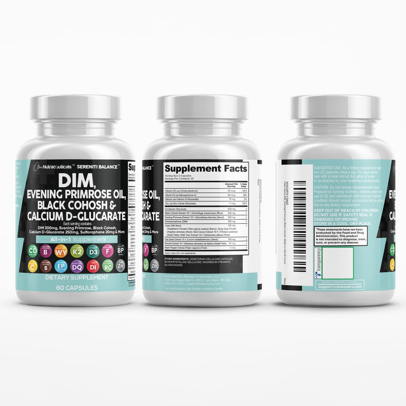 [Australia] - Clean Nutraceuticals DIM Evening Primrose Black Cohosh Calcium D-Glucarate Sulforaphane Flax Seed Extract - Hormonal Support Vitamins for Women with Dong Quai - 60 Caps 