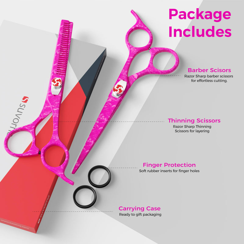 Suvorna Hair Scissors Professional with Thinning Shears for Hair Cutting | 6" Japanese Steel hair cutting scissors | Sharp Barber Scissors for Cutting and Layering | Hair Shears for Women and Men Pink