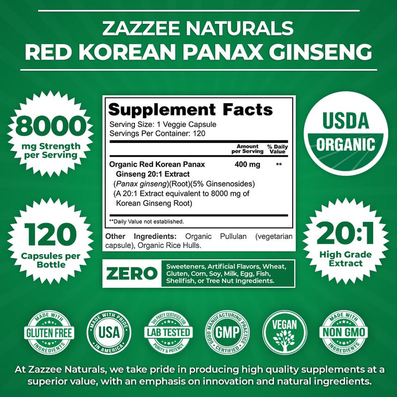[Australia] - Zazzee USDA Organic Red Korean Panax Ginseng 20:1 Extract, 8000 mg Strength, 5% Ginsenosides, 120 Vegan Capsules, Standardized and Concentrated 20X Root Extract, 100% Vegetarian, All-Natural, Non-GMO 