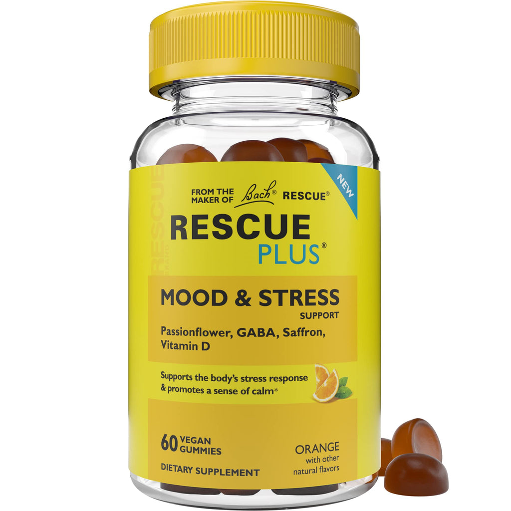 RESCUE Bach Plus Mood & Stress Support Gummies, Daytime Dietary Supplement with Passionflower, GABA, Saffron & Vitamin D, Natural Orange Flavor, Vegan & Gluten-Free, 60 Count Mood & Stress Gummies (NEW)