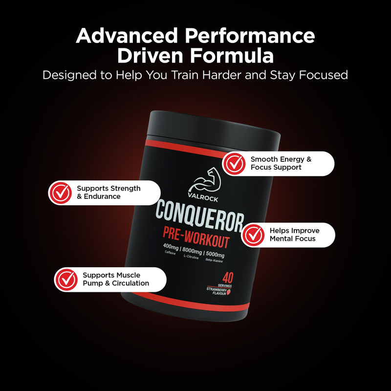 Conqueror High Stim Pre-Workout Powder (520g) - Caffiene, L-Citrulline, Beta-Alanine | Energy & Endurance Support - Strawberry Flavour (40 Servings)