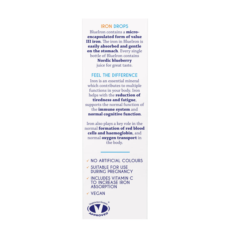 Blueiron High Strength Drops 50ml - Iron Supplement with Nordic Blueberries +Vitamin C - Suitable for Vegans - Easily Absorbed and Gentle on The Stomach