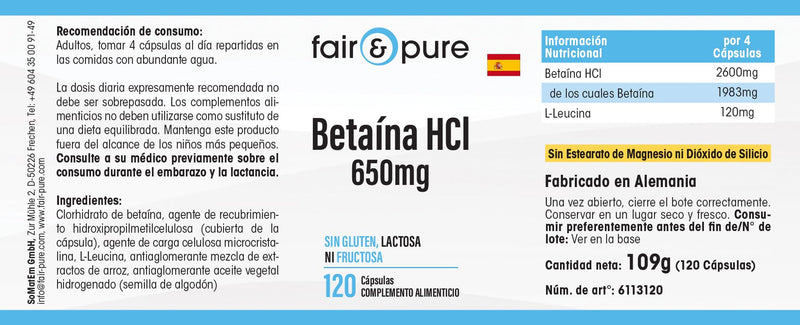 [Australia] - Fair & Pure® - Betaine capsules 650mg - 120 capsules - Betaine HCI/Betaine hydrochloride - vegan - without magnesium stearate 