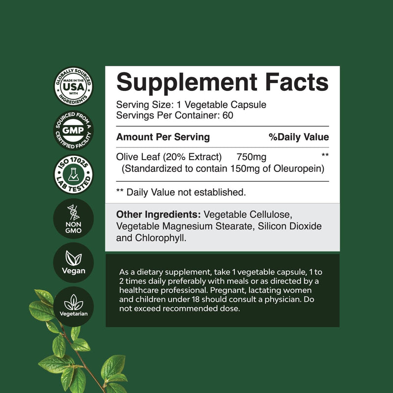[Australia] - Potent Olive Leaf Extract Capsules - High Strength Antioxidant Supplement with Pure Olive Leaf with 20% Oleuropein - Herbal Heart Health Supplement - Vegan Non-GMO & Gluten Free (2 Month Supply) 60 Count (Pack of 1) 